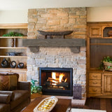 Pearl Mantels Cherokee Wood Mantel Shelf in Little River Finish on a Stone Finished Wall