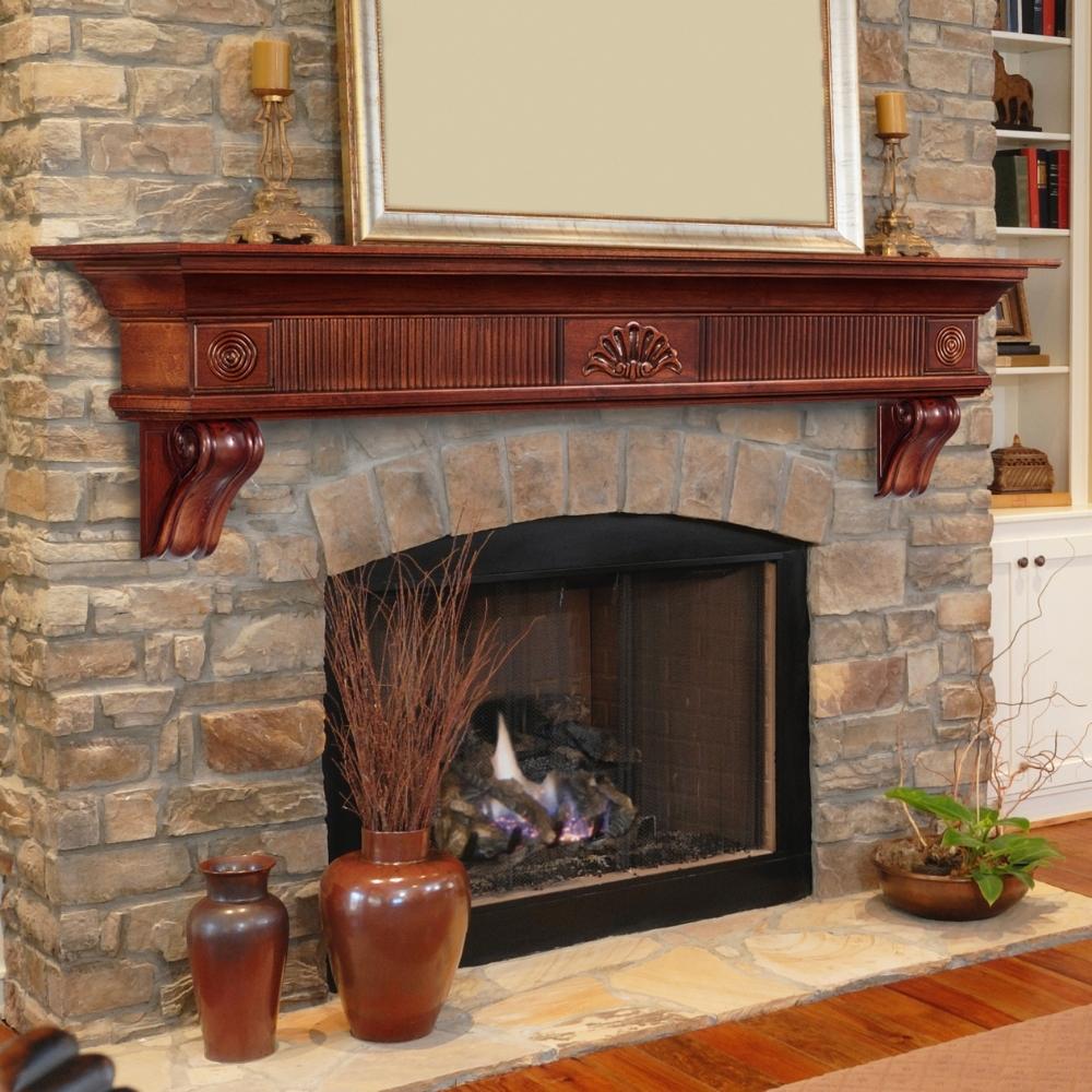 Pearl Mantels Devonshire Wood Mantel Shelf Distressed Finish On A Stone Finished Wall