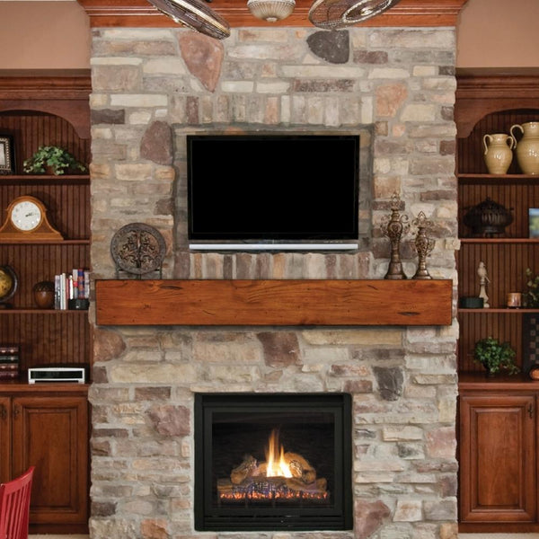 Pearl Mantels Lexington Wood Mantel Shelf In Rustic Medium Distressed Finish Installed On A Stoned Finish Wall