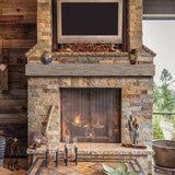 Pearl Mantels Shenandoah Wood Mantel Shelf in Farmhouse Finish on a Brick Finished Wall