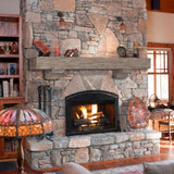 Pearl Mantels Shenandoah Wood Mantel Shelf in Farmhouse Finish on a Stone Finished Wall