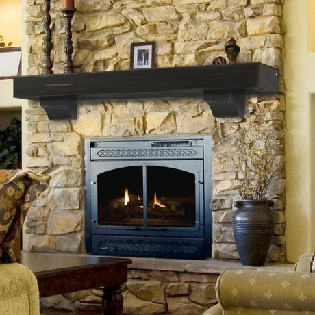 Pearl Mantels Shenandoah Wood Mantel Shelf in Espresso Finish on a Stone Finished Wall