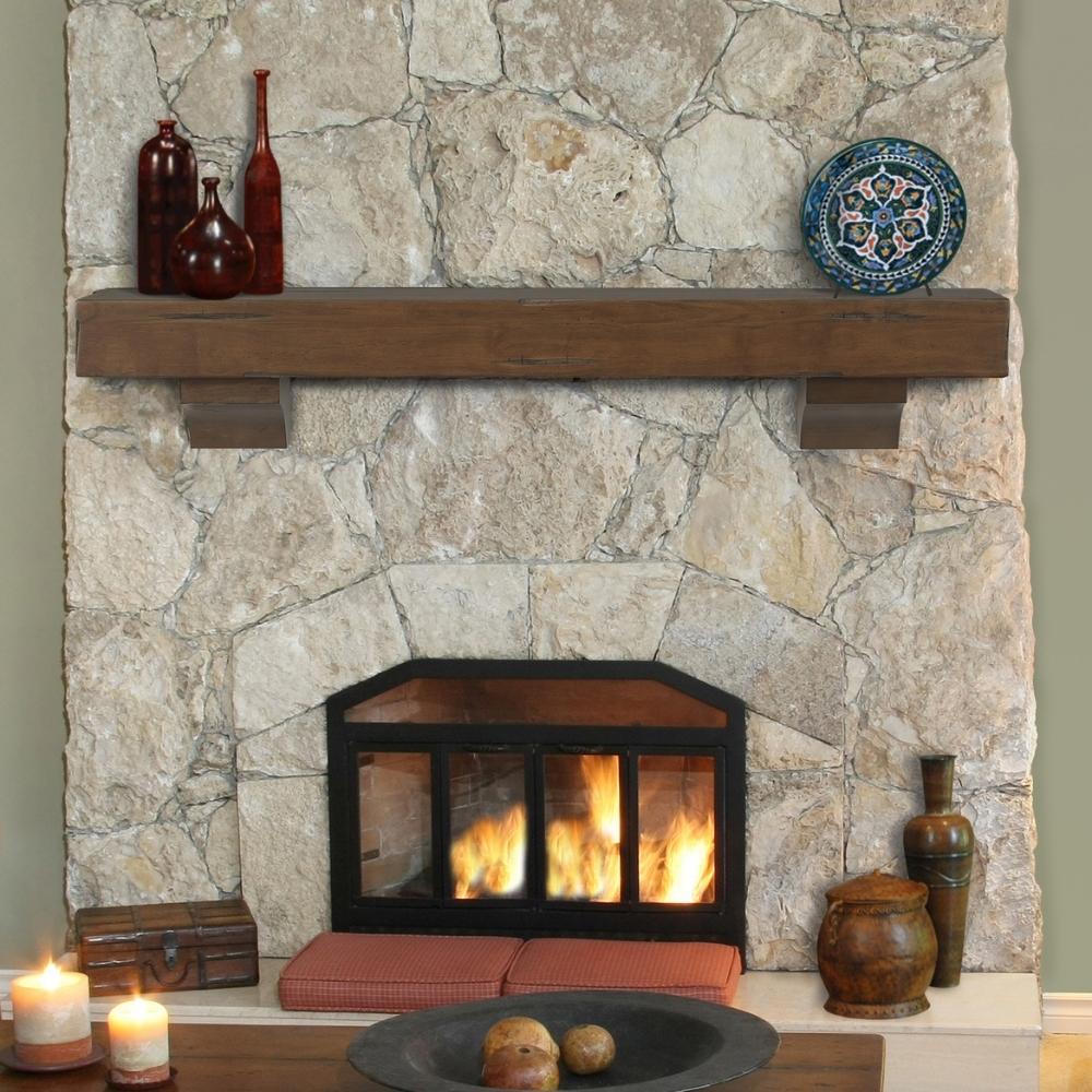 Pearl Mantels Shenandoah Wood Mantel Shelf in Dune Distressed Finish on a Stone Finished Wall