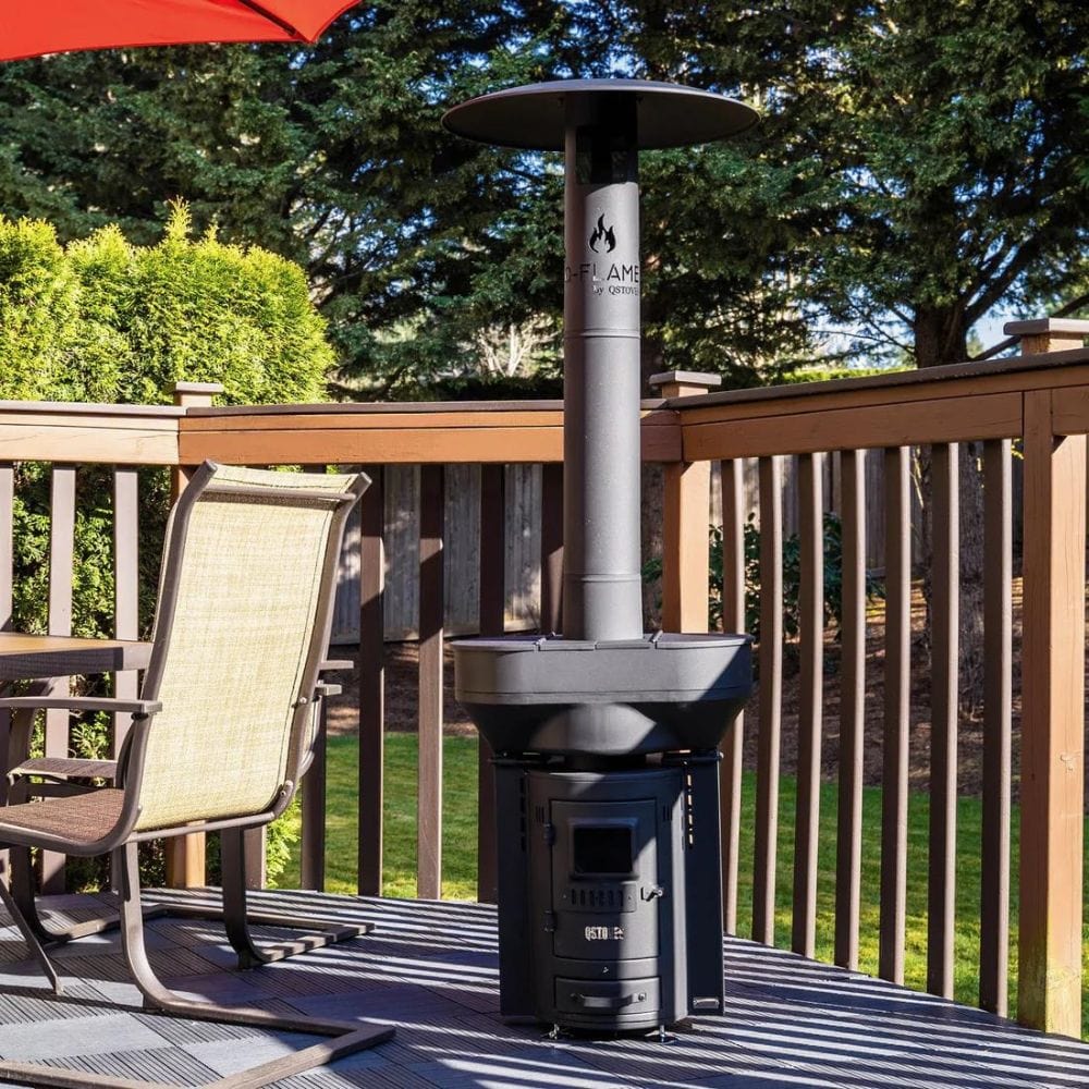Q-stoves Q-Flame Portable Outdoor Pellet Heater on a deck