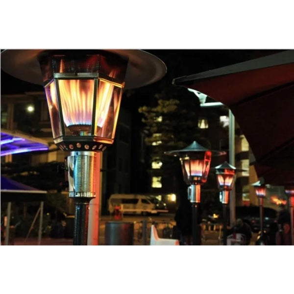 RADtec Real Flame Stainless Steel Natural Gas Patio Heaters in outdoor dining area