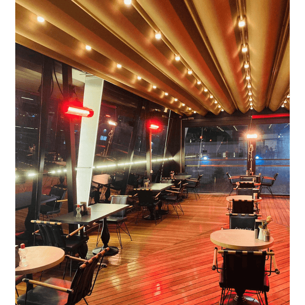 radtec torrid heaters ceiling mounted in restaurant - close-up view