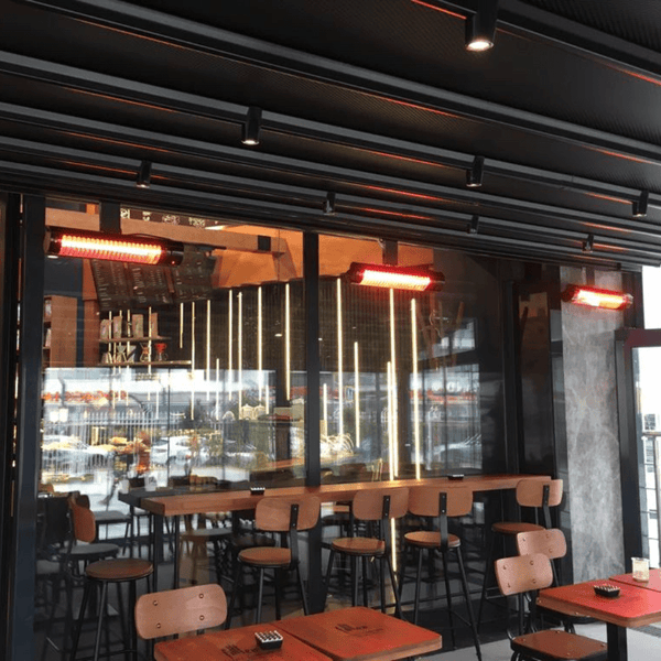 radtec torrid heaters ceiling mounted in restaurant - close-up view