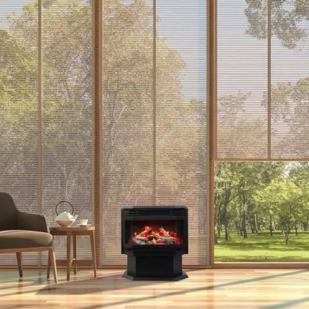 Sierra Flame 25" Free Standing Electric Fireplace in covered outdoor area