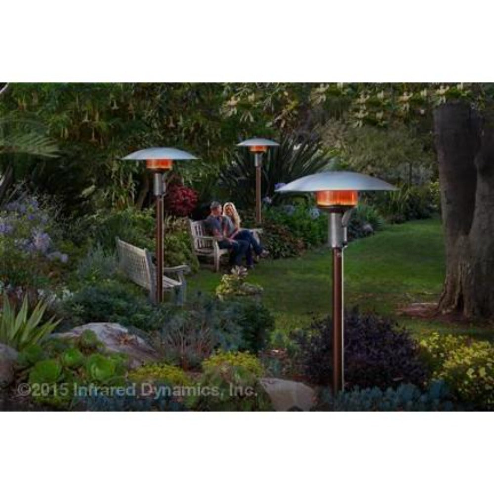 Sunglo A270 SS Free Standing Stainless Steel Portable Patio Heater beside benches