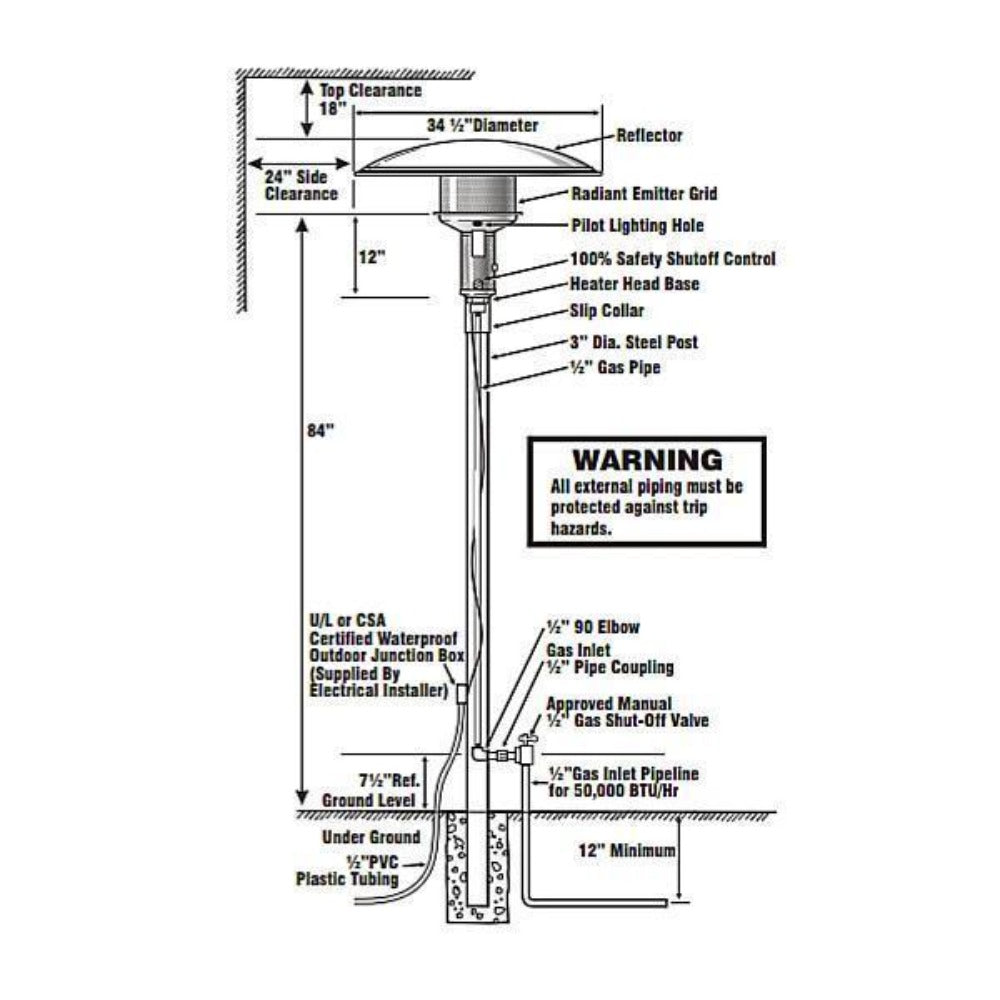 Sunglo PSA265 SS Permanent Post Stainless Steel Natural Gas Patio Heater diagram
