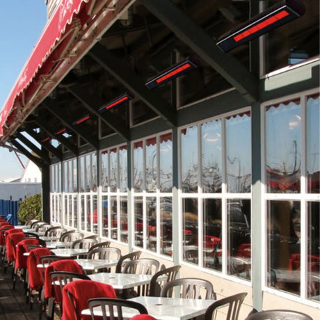 SunStar Glass Black Powder Coated 2-Stage Infrared Gas Heater in outdoor cafe