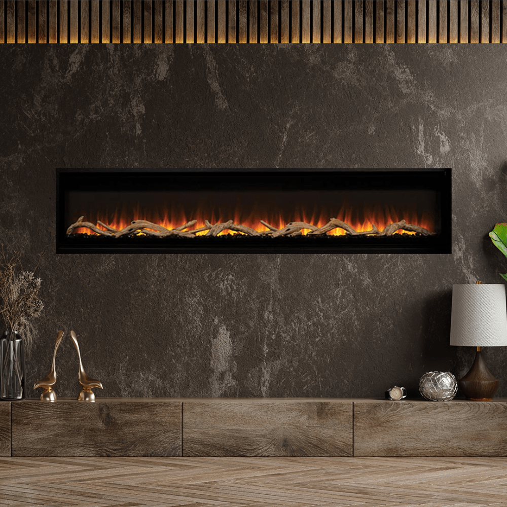 superior plexus linear electric fireplace recessed on marble wall
