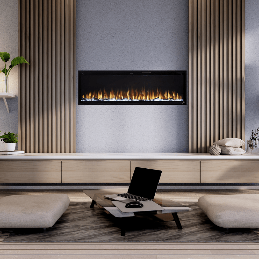 superior plexus built-in linear electric fireplace with wood surrounds in zen space