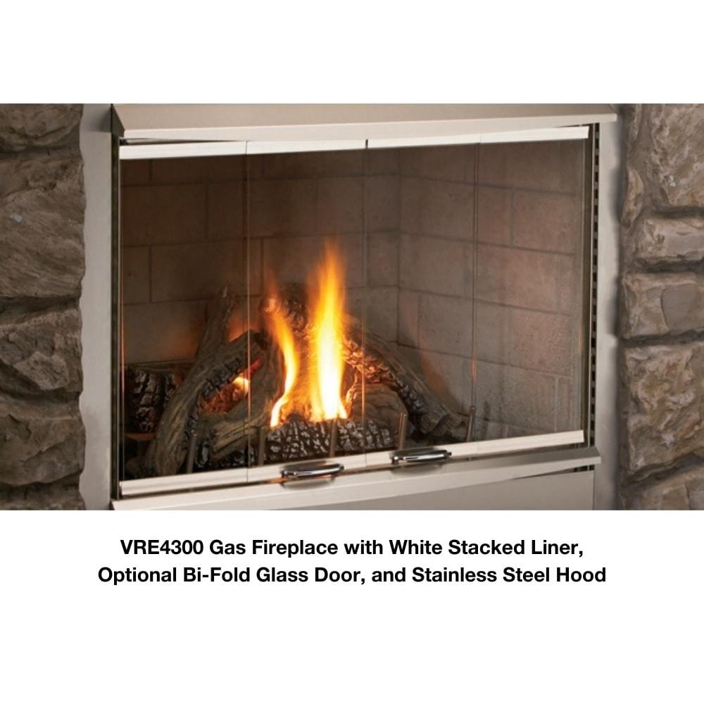 VRE4300 Gas Fireplace with White Stacked Liner, Optional Bi-Fold Glass Door, and Stainless Steel Hood