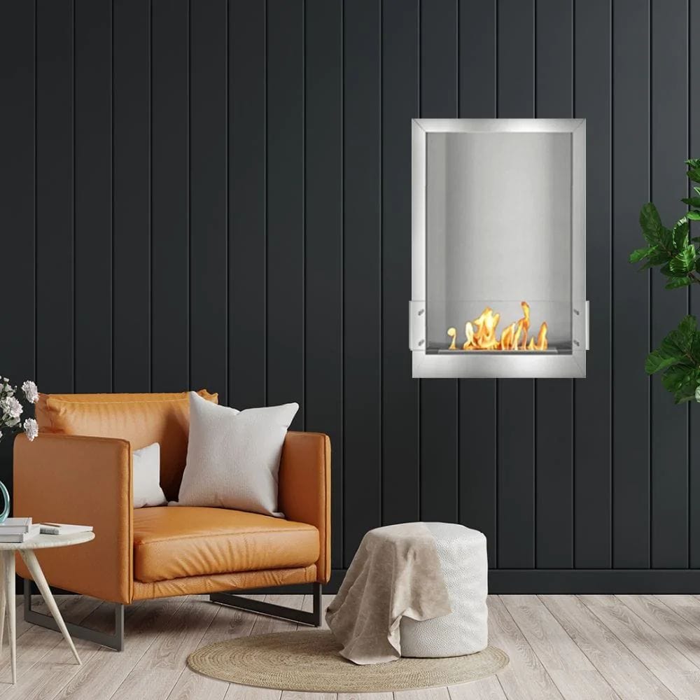 The Bio Flame 24-Inch Smart Firebox SS Built-in Ethanol Fireplace in feature wall