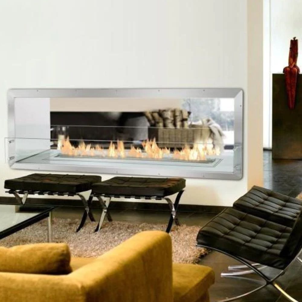 The Bio Flame 72-Inch Firebox DS - Built-in See-Through Ethanol Fireplace in a wall divider