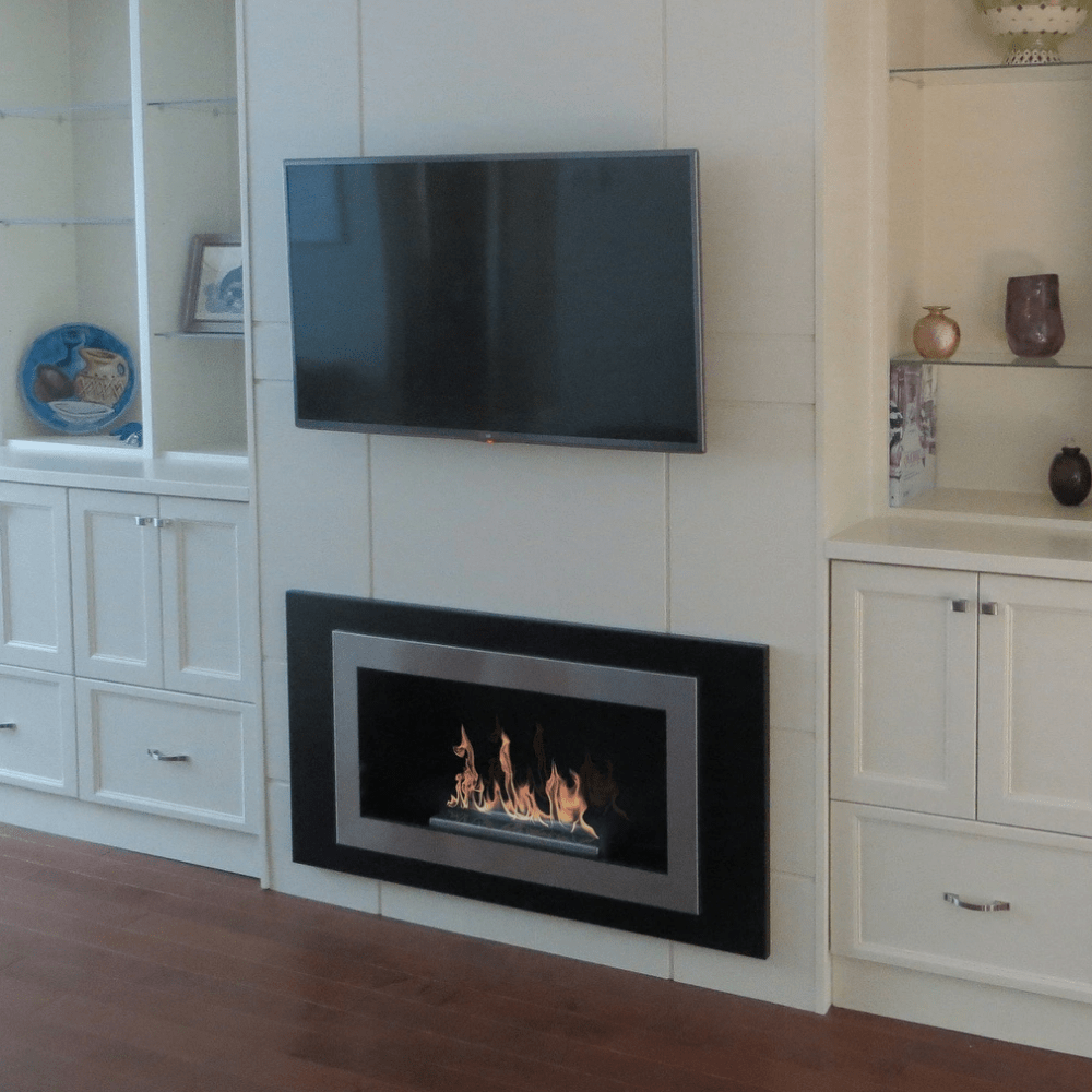 The Bio Flame Lorenzo 45-Inch Built-in/Wall Mounted Ethanol Fireplace built into feature wall