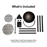 included basin, tripod, and accessories in cowboy cauldron fire pit grill