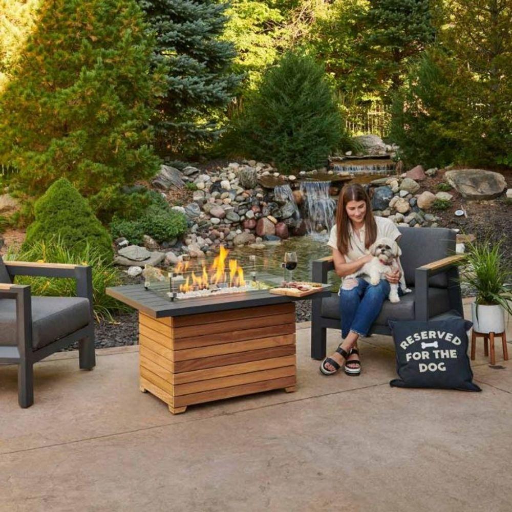Darien 42-inch Rectangular Gas Fire Pit Table with Wind Guard and Teak Base
