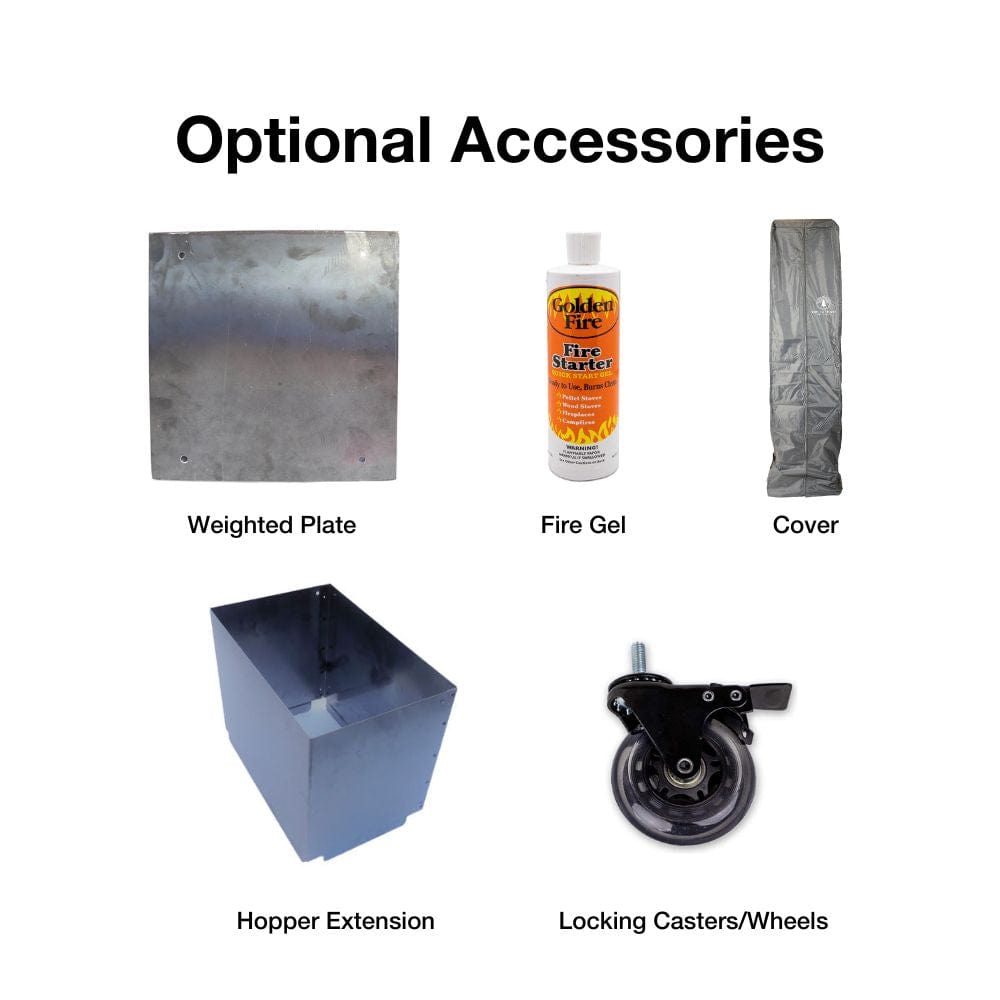 timber stoves weighted plate, fire gel, cover, wheels, and hopper extension - angle view