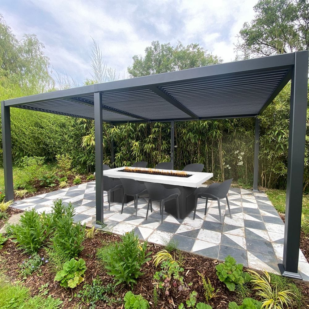 Black and White Dining Fire Table in Outdoor Area