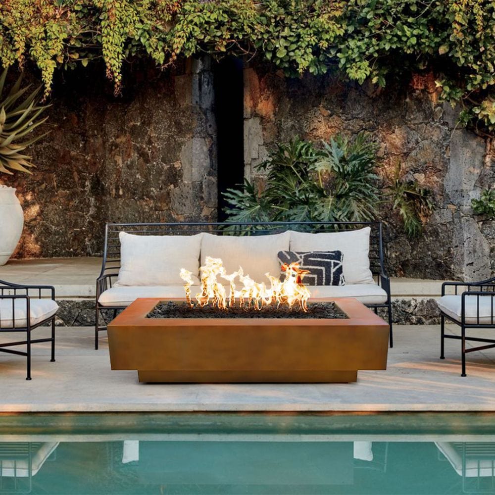 Top Fires 72" Coronado Corten Steel Gas Fire Pit in Poolside Patio