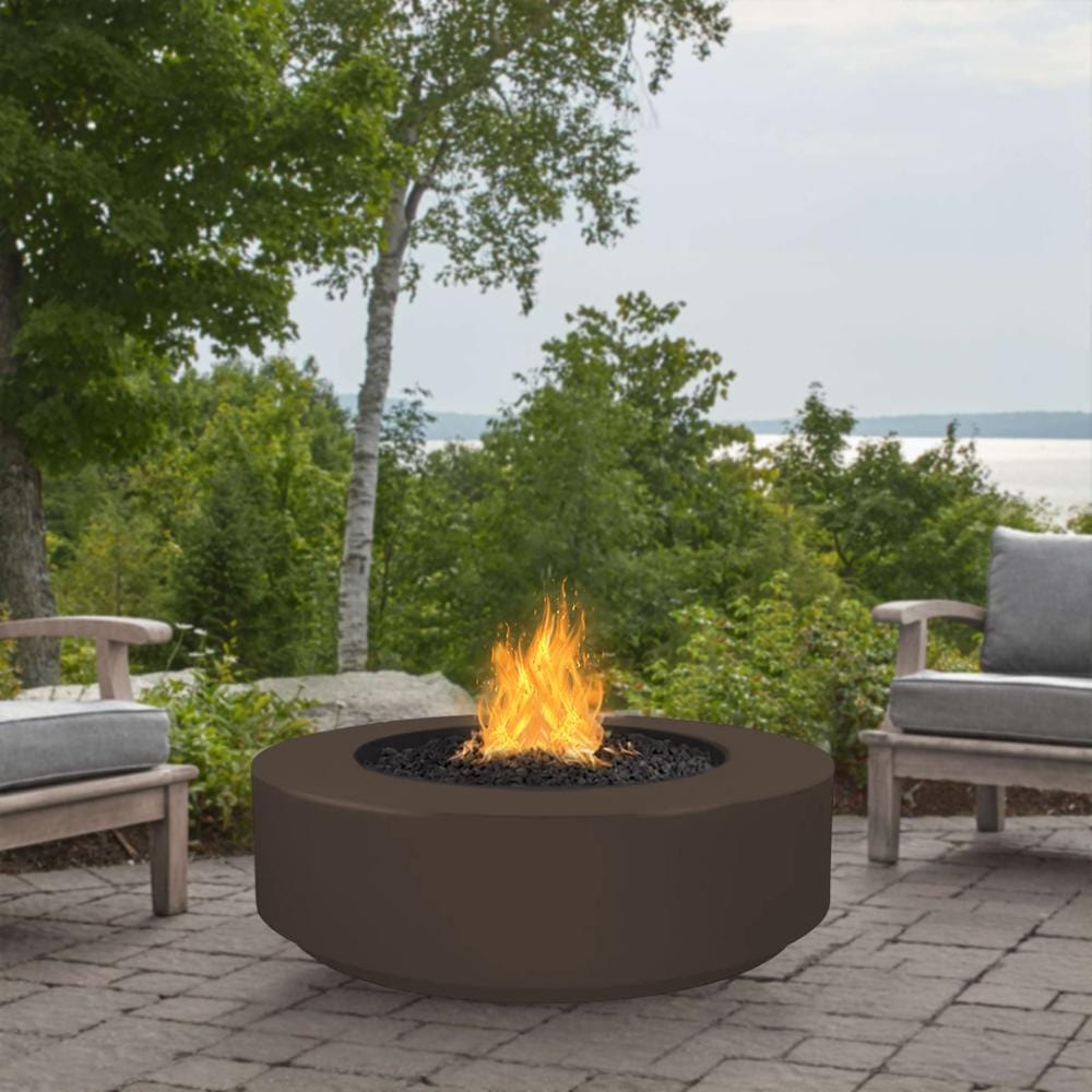 Chocolate Round Fire Pit in Patio with Chairs and Trees