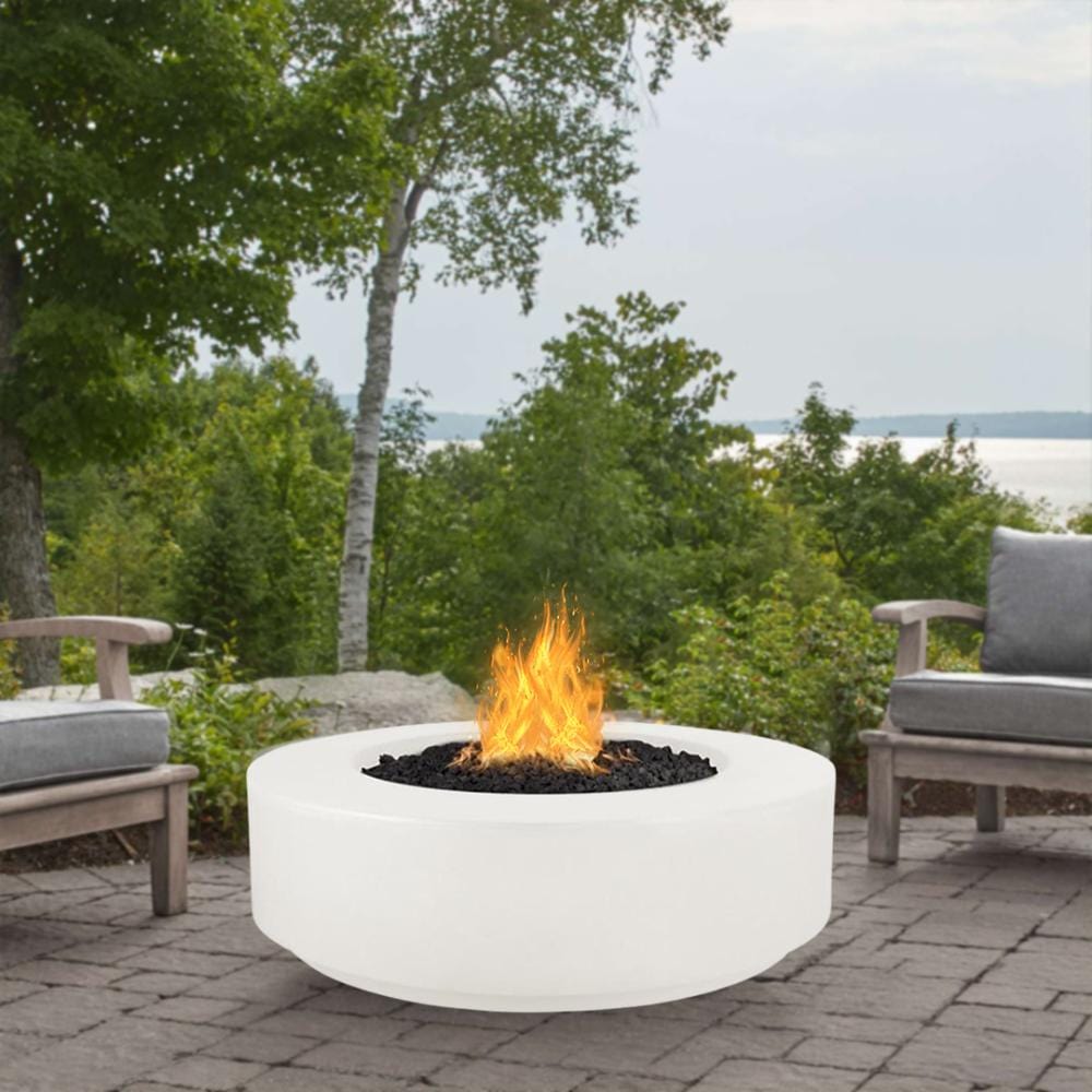 Limestone  Round Fire Pit in Patio with Chairs and Trees