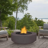 Chestnut Round Fire Pit in Patio with Chairs and Trees