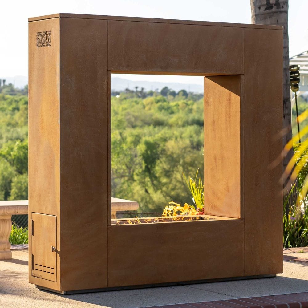 corten steel square outdoor gas fireplace in backyard