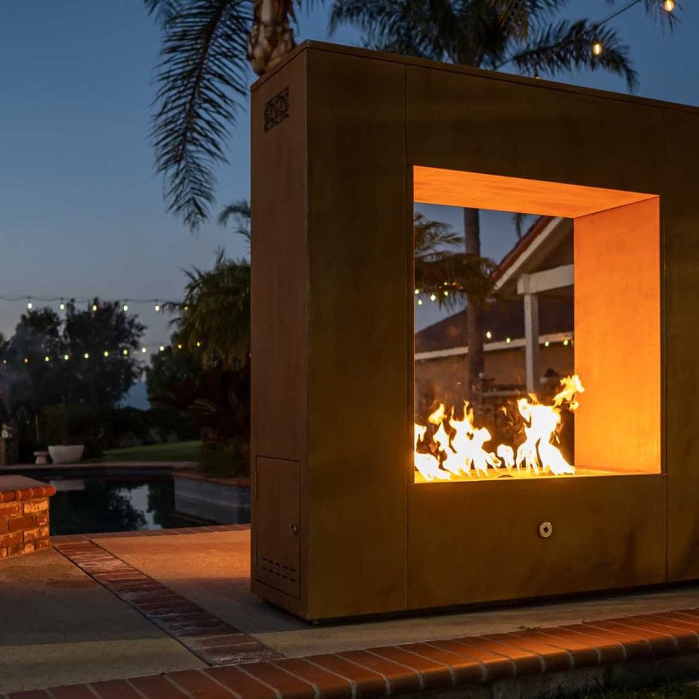 vent free outdoor gas fireplace in pool area