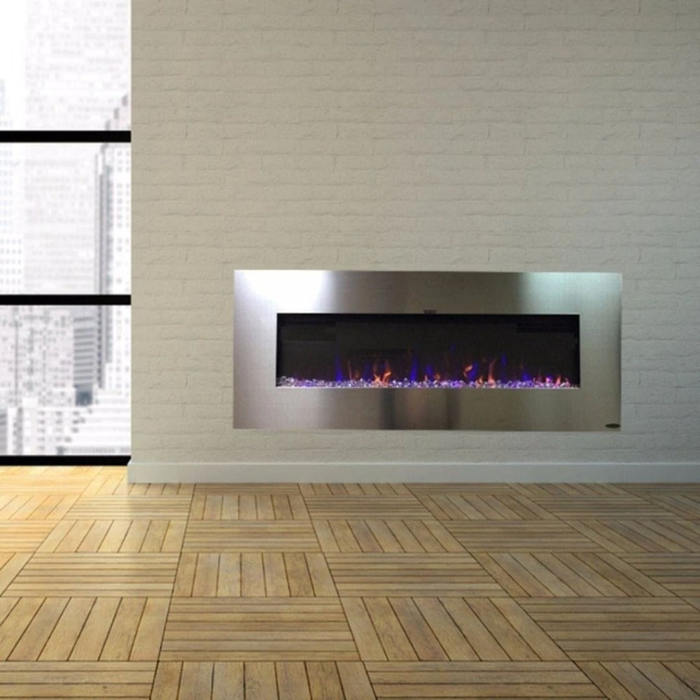 Touchstone AudioFlare 50-Inch Electric Fireplace with Bluetooth Audio Speakers with Stainless Steel Frame recessed into brick wall