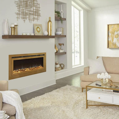 Touchstone Deluxe Gold Electric Fireplace in modern glam living space