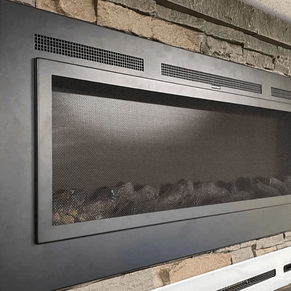 Forte Steel Mesh Screen Non Reflective 80048 40-Inch Recessed Electric Fireplace recessed into Brickwall