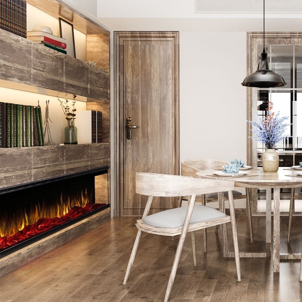 Touchstone Infinity 3-Sided Smart Electric Fireplace in Dining Area Front View only