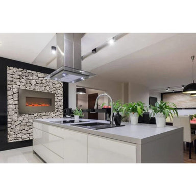 Touchstone Onyx Stainless Electric Fireplace in Modern Kitchen