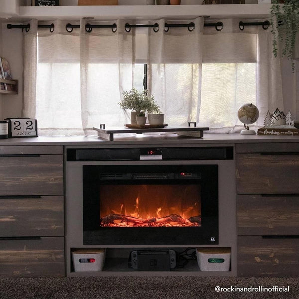 Touchstone Sideline 28-Inch Recessed Electric Fireplace (#80028) Built into Cabinet