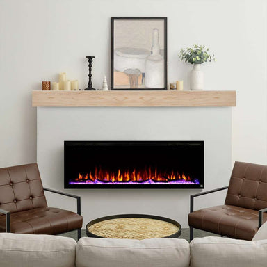 Touchstone Sideline Elite 60" Electric Fireplace with rustic unfinished wood mantel in living room