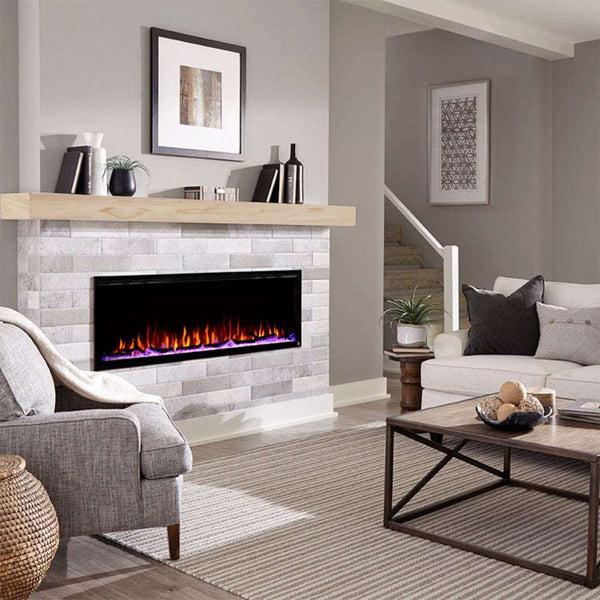 Touchstone Sideline Elite 60" Electric Fireplace with rustic unfinished wood mantel below the tv