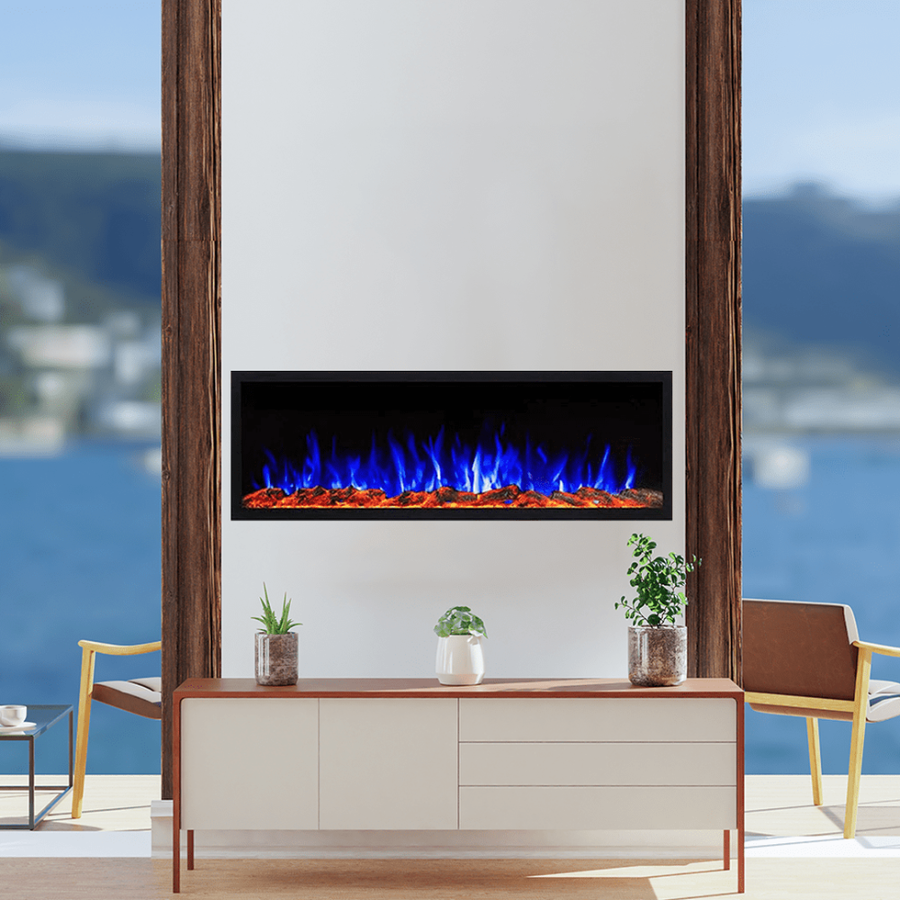 touchstone sideline elite outdoor fireplace with blue flames in beautiful outdoor setting
