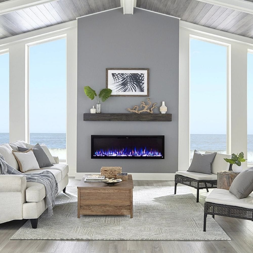 Touchstone Sideline Elite 60" Smart Electric Fireplace with Blue Flames in Living Room