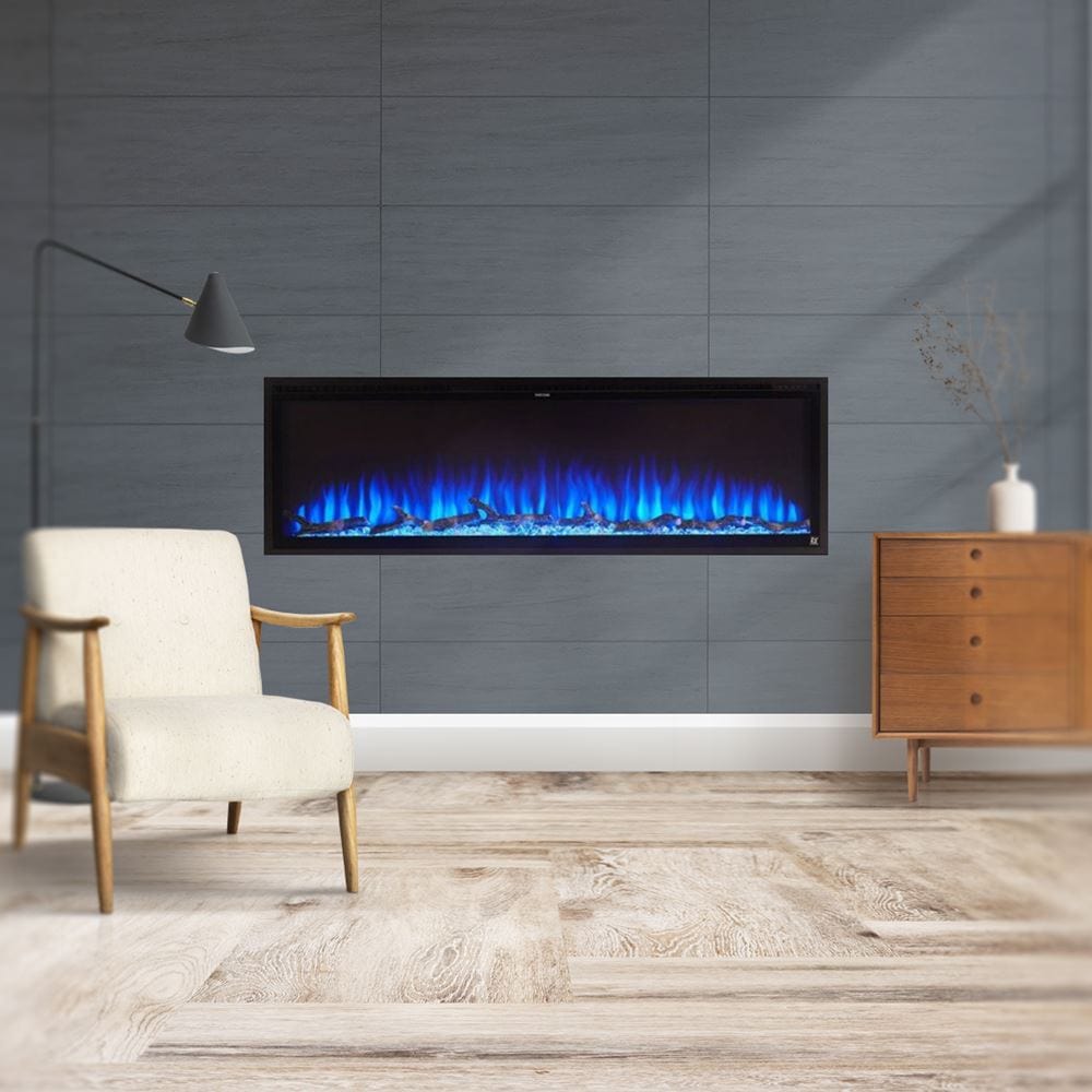 Touchstone Sideline Elite Electric Fireplace with blue flames in midcentury space