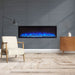 Touchstone Sideline Elite Electric Fireplace with blue flames in midcentury space