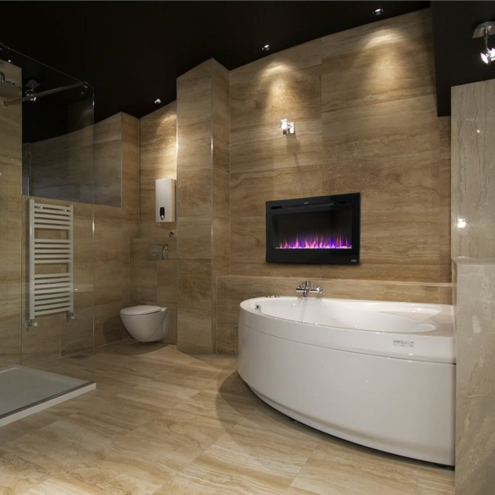 Touchstone Sideline 36" - Recessed Electric Fireplace (#80014) beside a bathtub