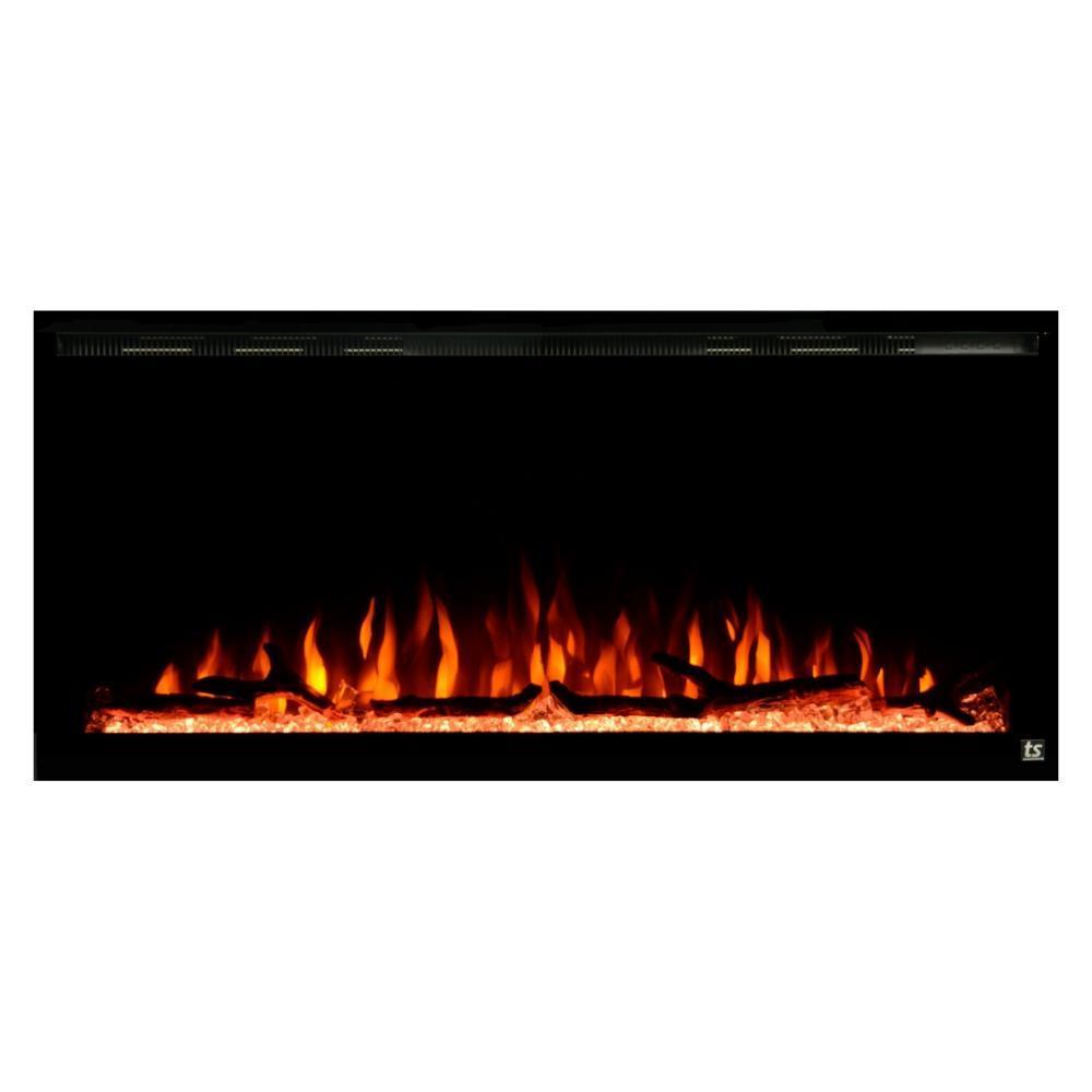 Touchstone Sideline Elite Recessed Electric Fireplace with orange flame,  and white glass crystals 