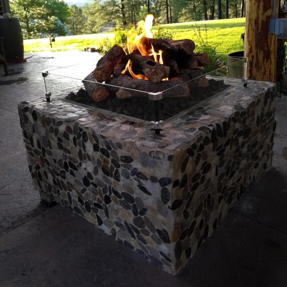 Finished Square Fire Pit with Wind Guard and Decorative Logs